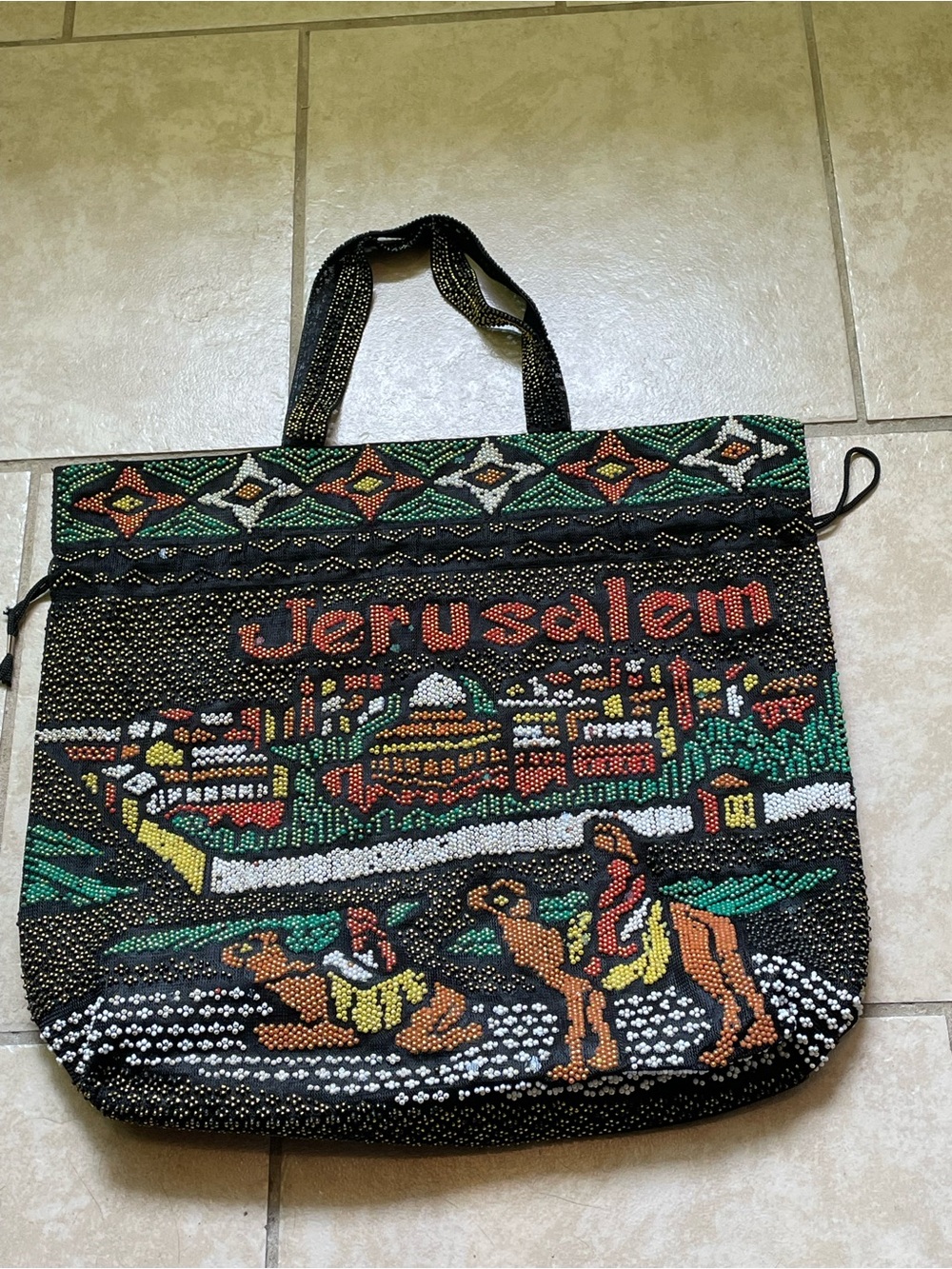 Vintage Jerusalem Beaded Tote Bag Souvenir Camel Scene